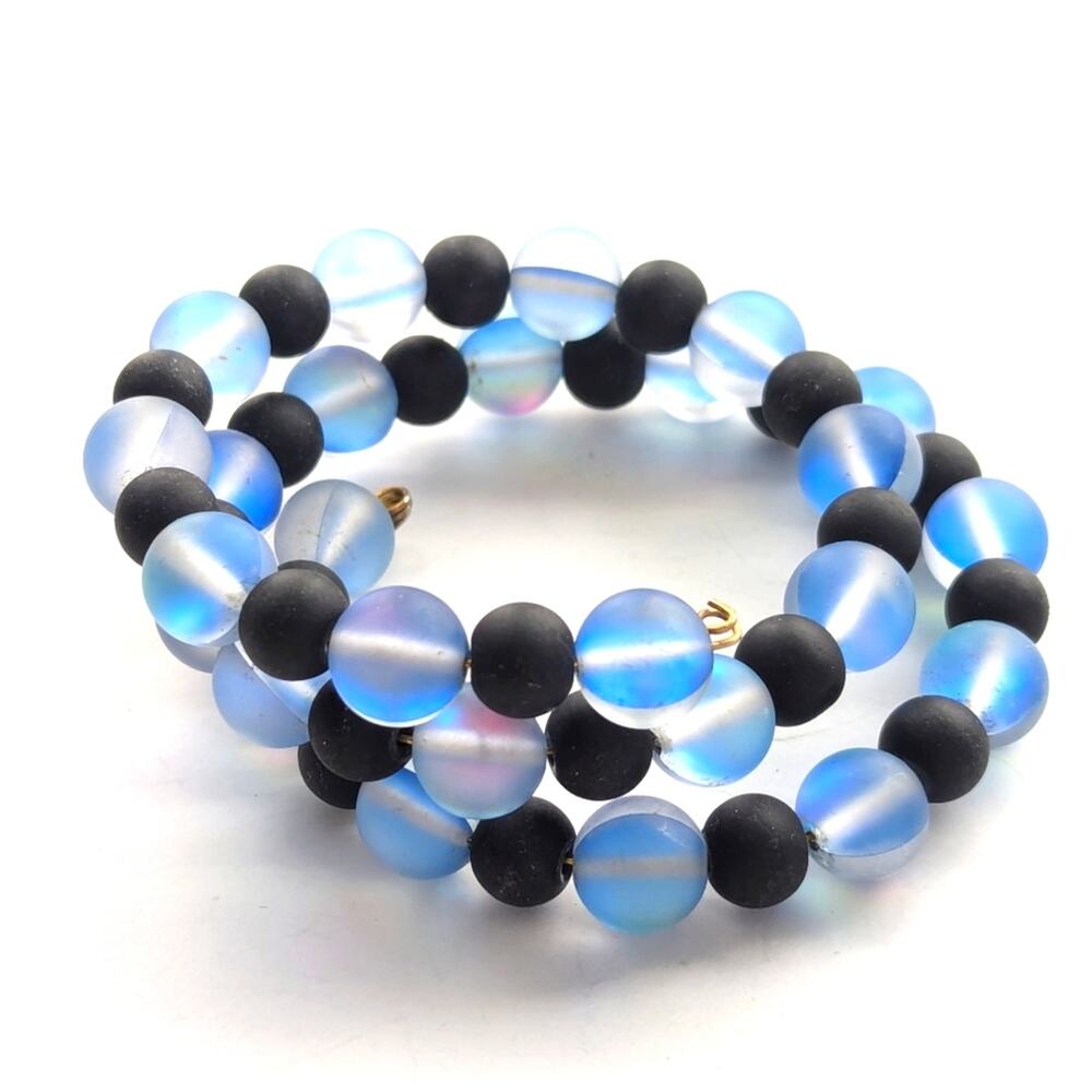 Stunning Elegant Iridescent Blue Black Glass Wire Wrap Beaded Coil Bracelet